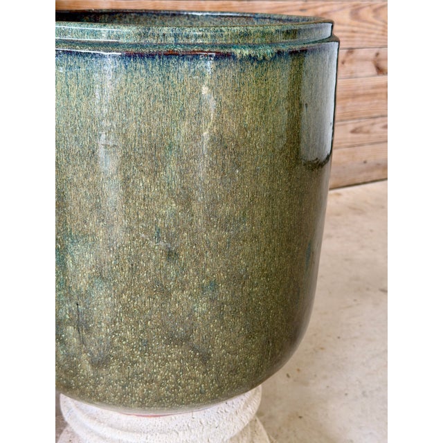 Emerald Large Green Drip Glaze Ceramic Planters on Cast Stone Pedestals-Pair For Sale - Image 8 of 12