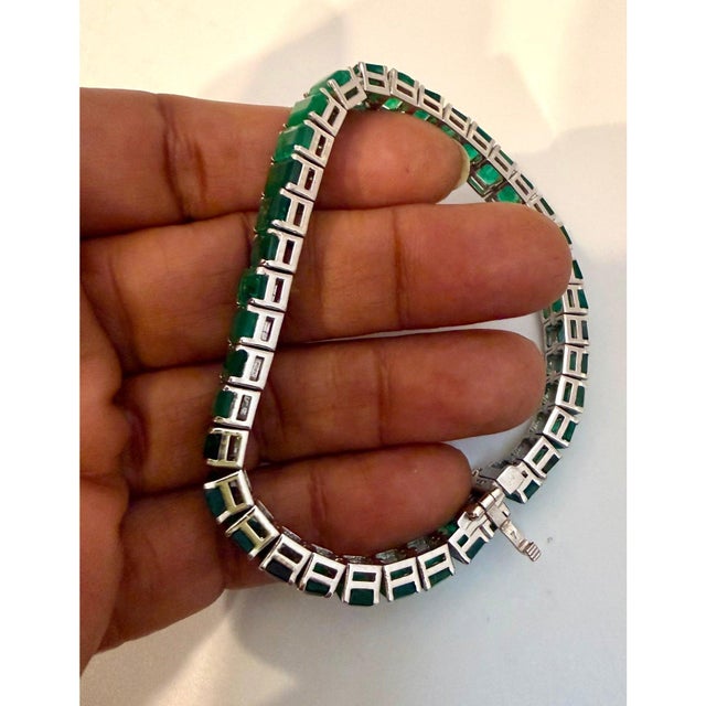 40 Ct Natural Emerald Cut Emerald Cocktail Tennis Bracelet 14 Kt White Gold 7.5" For Sale - Image 15 of 16