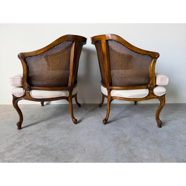 1960s Vintage French Provincial Louis XV-Style Carved Walnut & Cane Club Chairs – Pair For Sale In Miami - Image 6 of 13