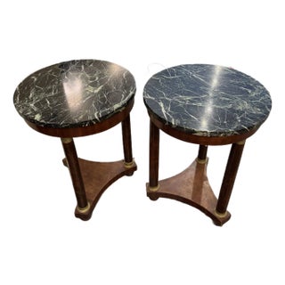 19th Century Antique Walnut French Marble Top Round Side Tables For Sale