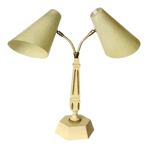Mid Century Stilnovo Style Hollywood Regency Double Goosenecks Obelisk Table Lamp With Fiberglass Tapered Shades