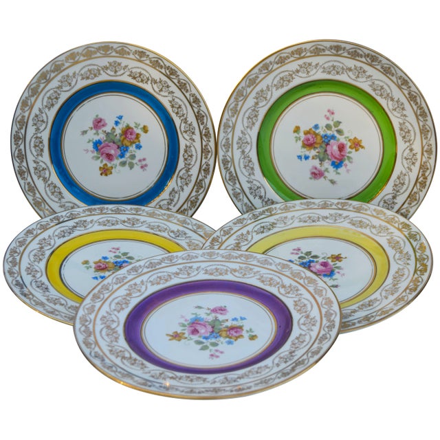 Mid 20th Century Golden Plates with Colorful Floral Motif- Set of 5 For Sale - Image 4 of 8
