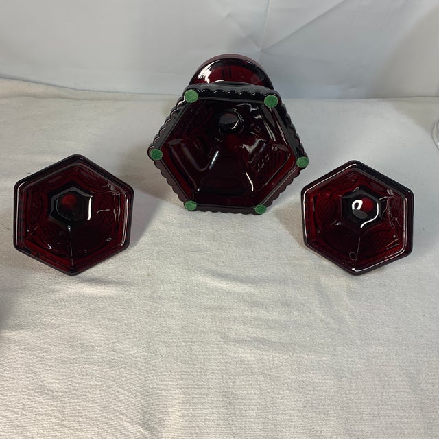 Vintage Avon 1876 Cape Cod Ruby Red Glass Candle Holder Set – 3 Pieces (Hurricane Base & Short Candlesticks) For Sale In Chicago - Image 6 of 6