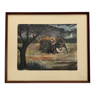 1960s Fernand Auger Watercolor of Farmer + Horse in a Storm For Sale