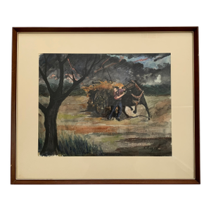 1960s Fernand Auger Watercolor of Farmer + Horse in a Storm
