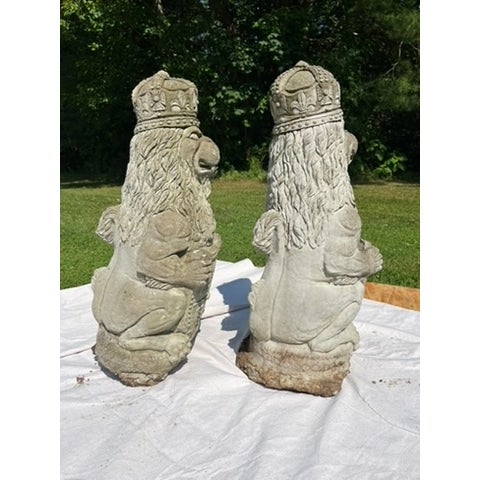 English Vintage Armorial Concrete Lion Statues a Pair For Sale - Image 3 of 10