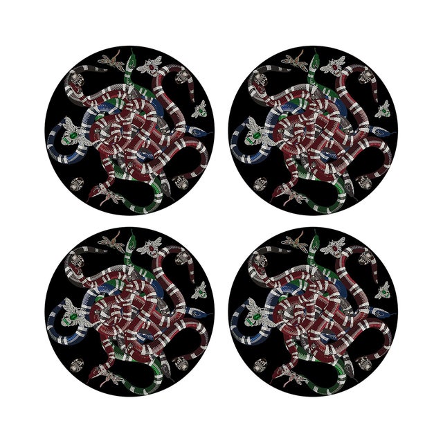Ouroboros Black Vegan Leather Round Pebble Placemat, Set of 4 For Sale - Image 4 of 5