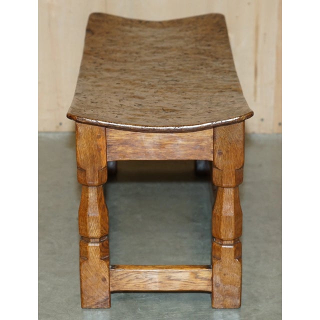 Arts & Crafts Important 1930s Antique Burr Oak Robert Mouseman Thompson Curved Stool Bench For Sale - Image 3 of 18