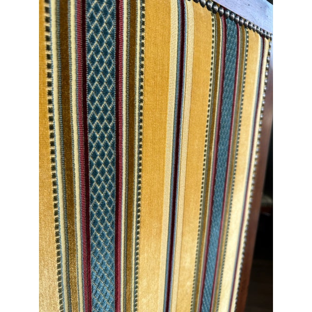 Henredon Furniture Green Leather Side Chairs With Multi-Patterned Striped Upholstered Backs- Set of 8 For Sale - Image 12 of 12