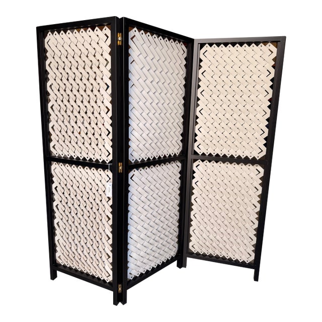 Pinetti Screen With Cream Woven Leather and Black Frame For Sale