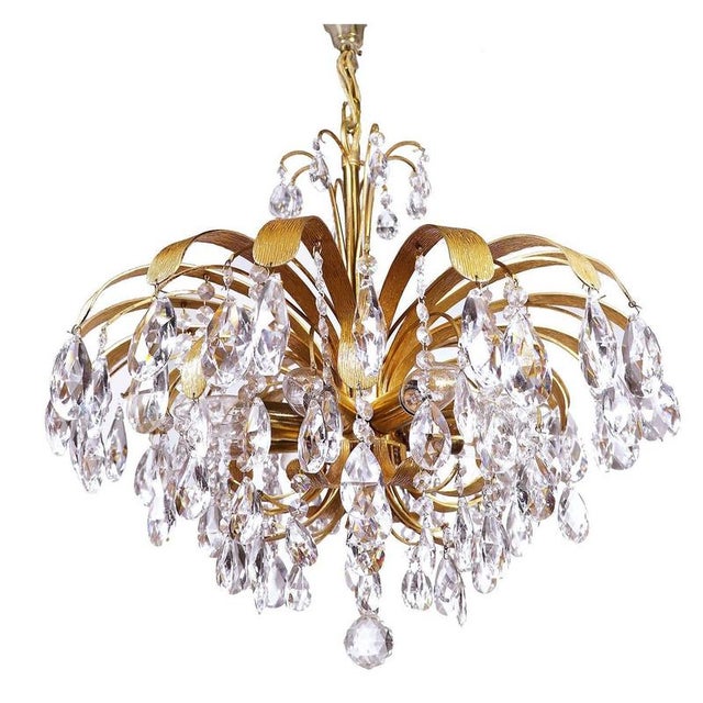 Gold Gilt Brass Leaf and Cascading Crystal Chandelier from Palwa, Germany, 1960s For Sale - Image 8 of 8