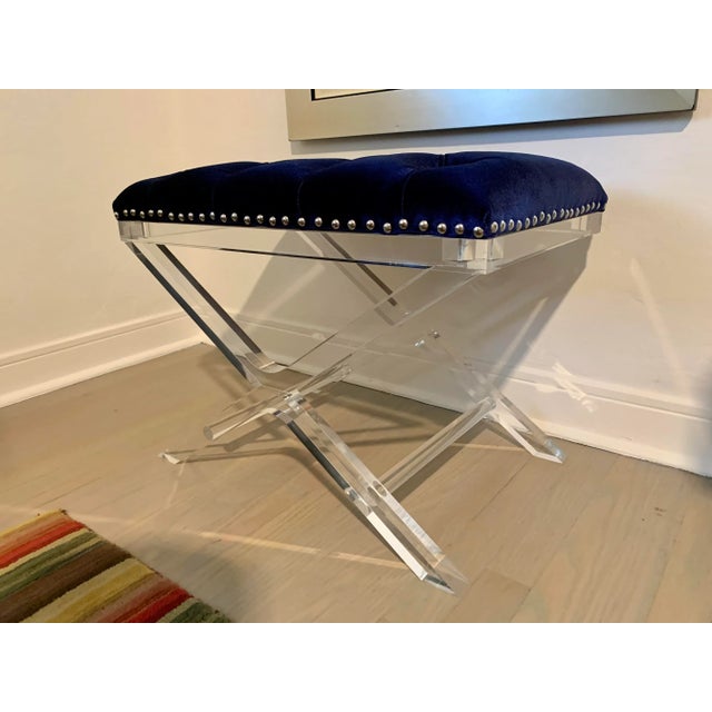 Textile Vintage Lucite X Bench with Tufted Top For Sale - Image 7 of 8