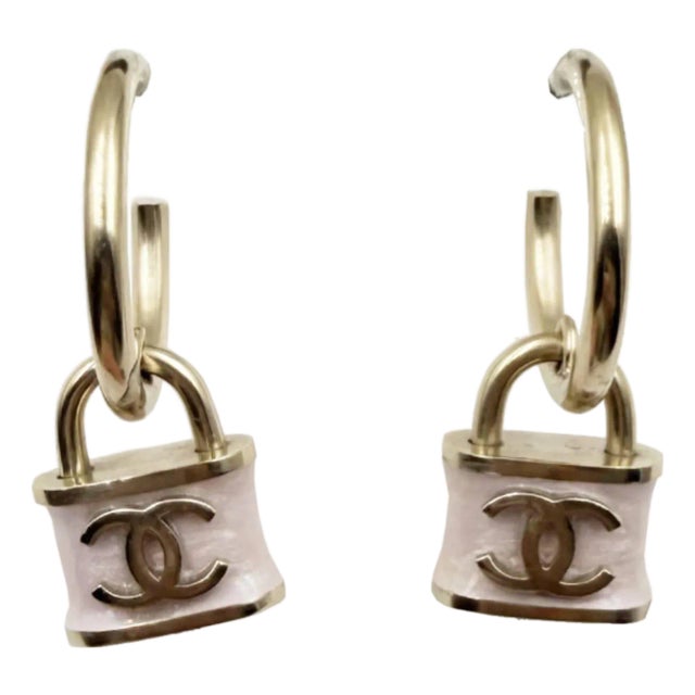 Chanel Gold CC Pink Lock Hoop Earrings, A Pair For Sale