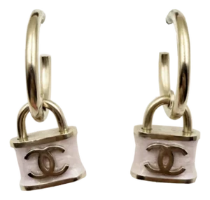 Chanel Gold CC Pink Lock Hoop Earrings, A Pair