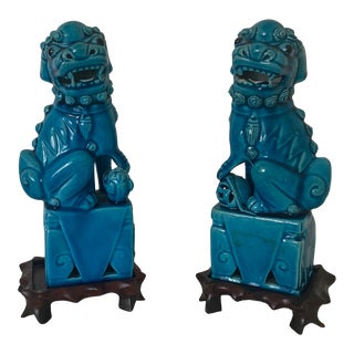 Pair of 1990s Turquoise Foo Dogs on Stands. For Sale