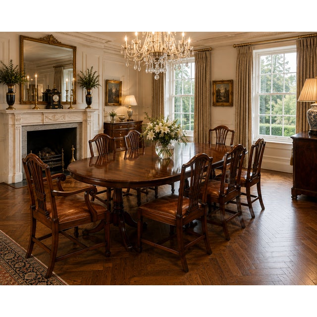 Brown Antique Victorian Hepplewhite Mahogany Shield Back Dining Chairs with Carvers in Tan Leather, 1890, Set of 8 For Sale - Image 8 of 18