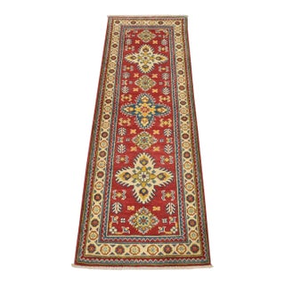 Kazak Runner 2’2” X 6’3” Red Wool Tribal Hand-Knotted Oriental Rug For Sale
