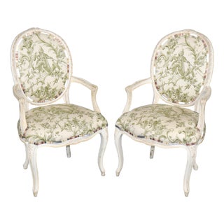 Pair of Distressed French Louis XV Style Painted Arm Chairs W/ Toile Upholstery For Sale