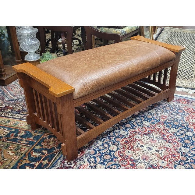 1990s 1990s Mission Style Oak Bomber Leather Window Bench For Sale - Image 5 of 10