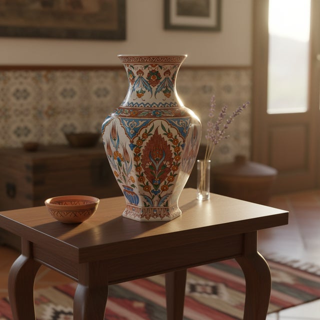 Handmade Ceramic Iznik Vase (Faceted Form) Russet Brown and Turquoise Floral For Sale - Image 6 of 9