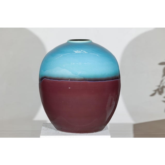 Large Artisan Ceramic Vase with Turquoise Crackle Glaze and Deep Brown Ground For Sale - Image 9 of 18