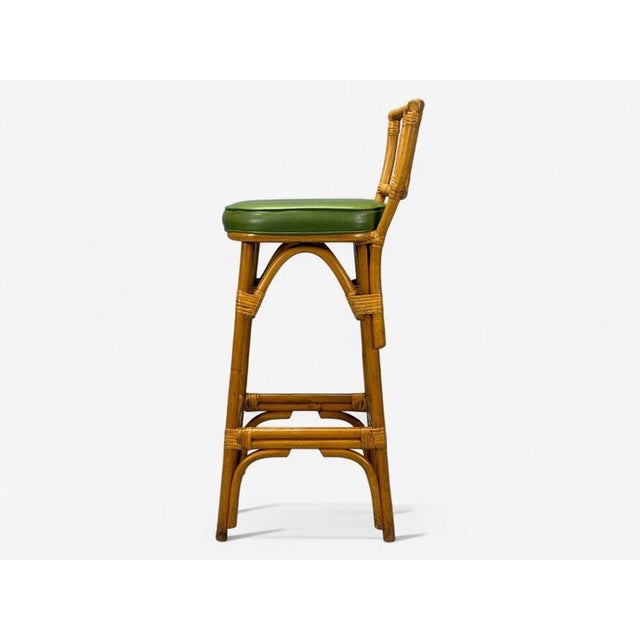 Mid-Century Modern Dutch Modern, Bamboo, Green Leather, Three Barstools, Netherlands, 1970s For Sale - Image 3 of 13