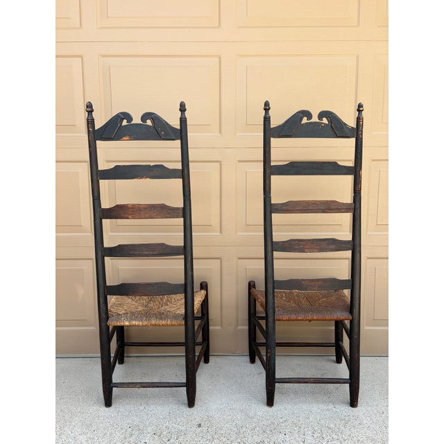 Pair of Antique Black Painted Shaker Ladder Back Chairs With Rush Seats For Sale - Image 13 of 18