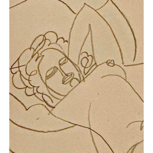 Vintage mid-century abstract figure drawing in pencil on ochre paper from France. Comes with acid free mat and foamcore...