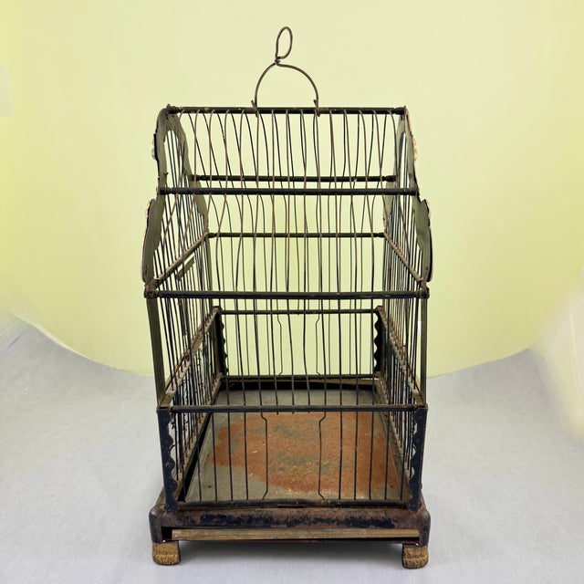 Art Nouveau Black Japanned Metal Bird Cage, Hand-Painted, Circa 1900-1920 For Sale - Image 13 of 16
