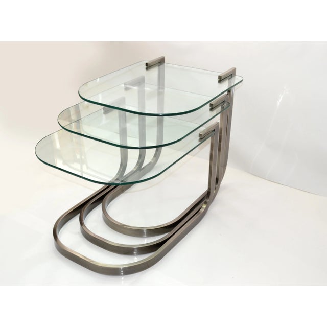 Mid-Century Modern Design Institute of America 'DIA' unusual shape of Glass & Brushed Steel Nesting Table Set. Modern...