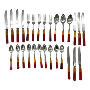 1930s Dual-Toned Mismatched Butterscotch, Cherry Red & Green Bakelite, Lucite & Stainless Steel Flatware Set- 34 Pieces