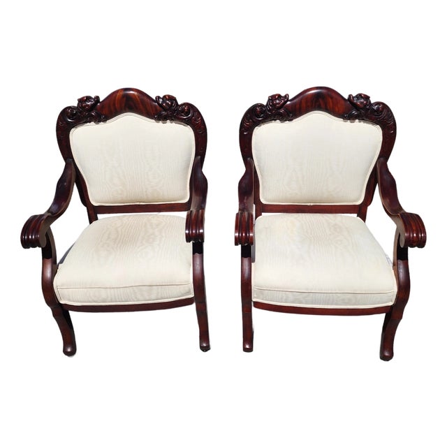 Antique Asian Rosewood Carved Foo Dogs Armchairs Set of 2 For Sale