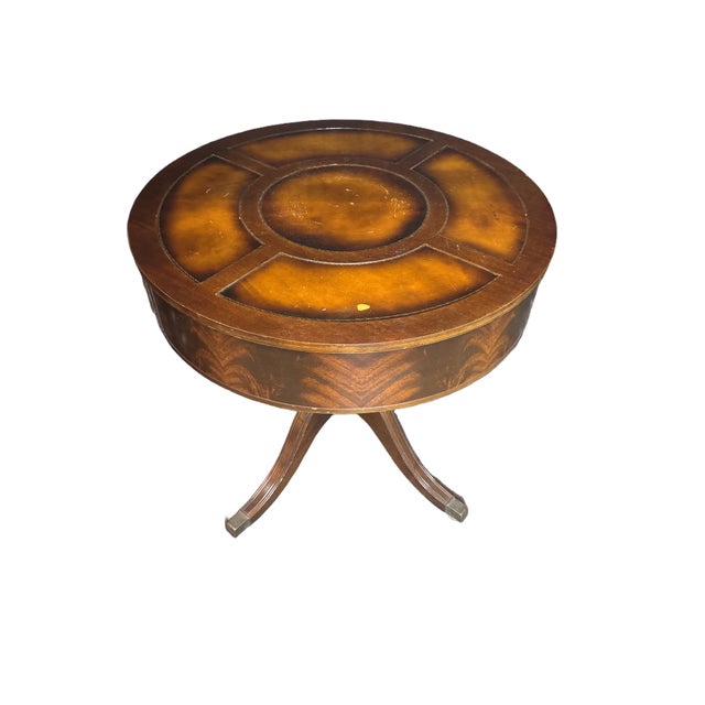 Antique Duncan Phyfe Style Mahogany Drum Center Table With Gold-Tooled Leather Top, Early 20th Century For Sale - Image 4 of 14