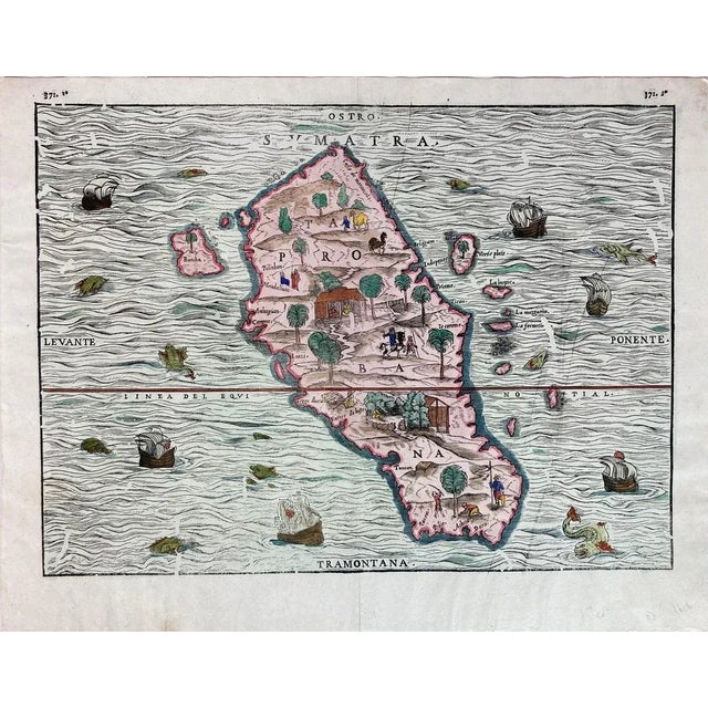 This is a fascinating woodcut map titled *Taprobana*, depicting the island of Sumatra, hand-colored, and published in...