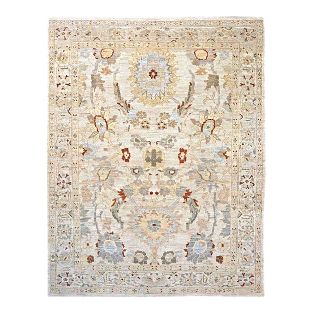Persia Sultanabad Wool 8x10 Ivory, Tan, Green & Red Handmade Area Rug #1143039 For Sale