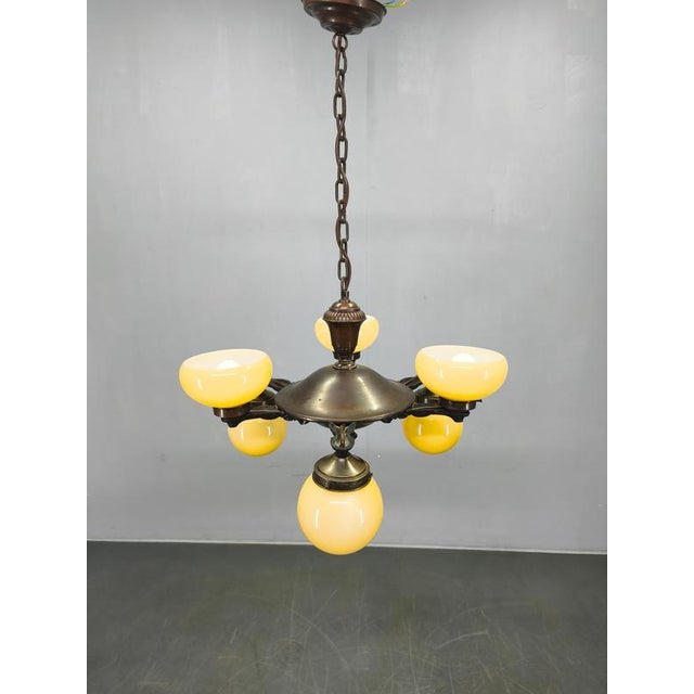Art Deco Czech Brass Chandelier with Cream Glass, 1920s For Sale - Image 11 of 14