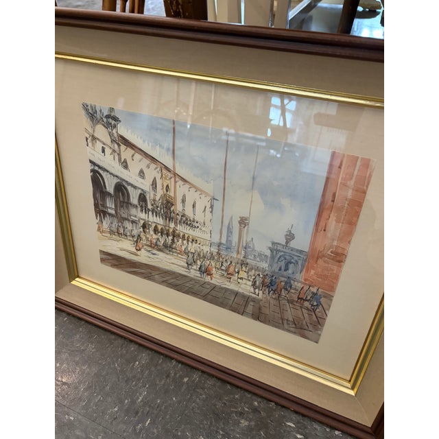 Traditional Mid 20th Century Venetian Piazza Watercolor For Sale - Image 3 of 3
