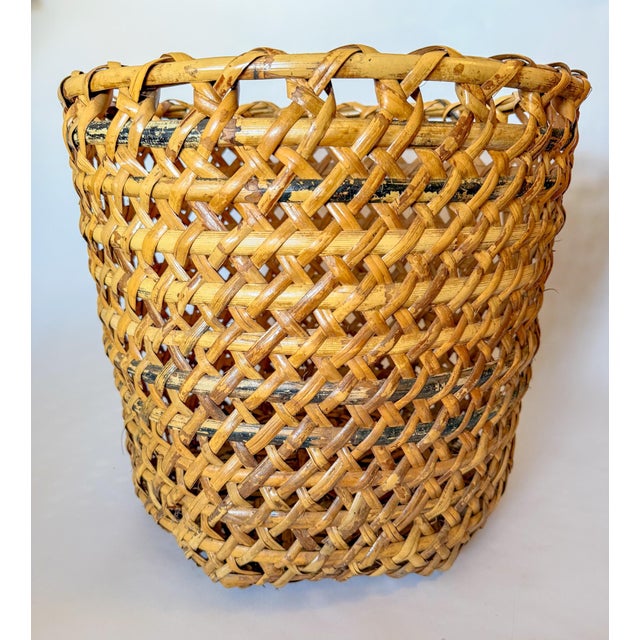 Extra Large Mid-Century Burned Bamboo & Rattan Floor Planter Basket For Sale - Image 12 of 12