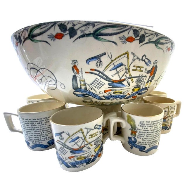 White Late 19th Century Burgess & Leigh Farmers Arms 12" Punch Bowl, 8 cups , God Speed The Plough For Sale - Image 8 of 18