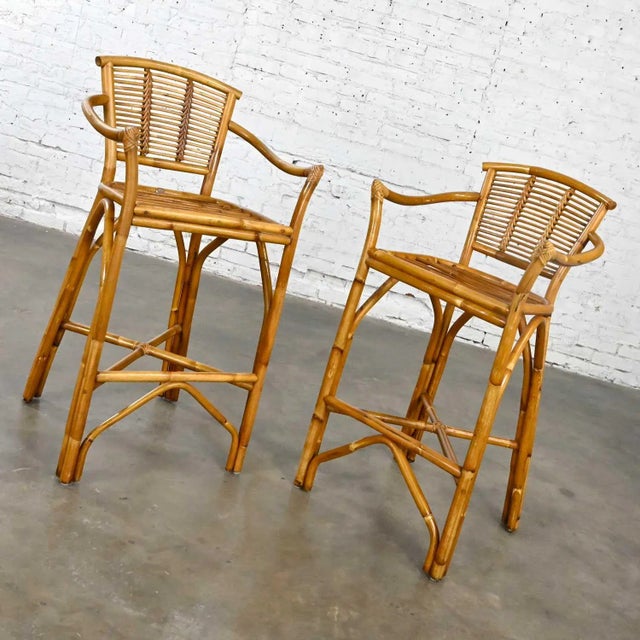 Wood Vintage Organic Modern Pair of Rattan Bar Stools Style of Ficks Reed For Sale - Image 7 of 13