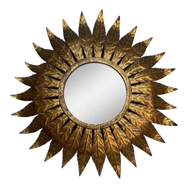 Round Spanish Gilt Metal Sunburst Mirror With Large Radiating Leaves For Sale