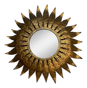 Round Spanish Gilt Metal Sunburst Mirror With Large Radiating Leaves