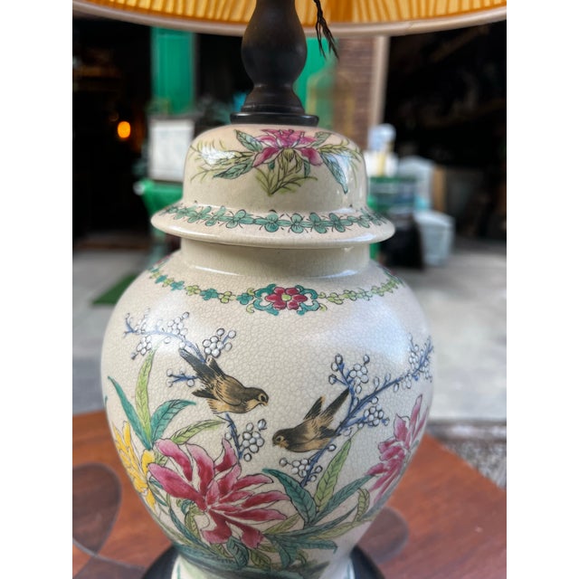 Mid-Century Modern Vintage Hand Painted Floral Table Lamp With Bird Accents- Lampshade Included For Sale - Image 3 of 5