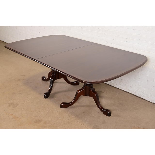 Brown Baker Furniture Style Georgian Banded Mahogany Double Pedestal Extension Dining Table, Newly Refinished For Sale - Image 8 of 13