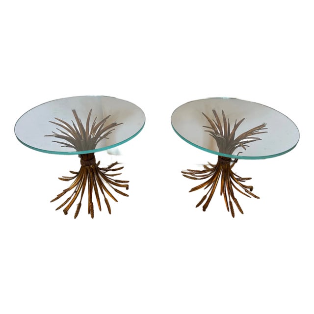Hollywood Regency Gilt Metal Wheat Sheaf End Tables- A Pair For Sale
