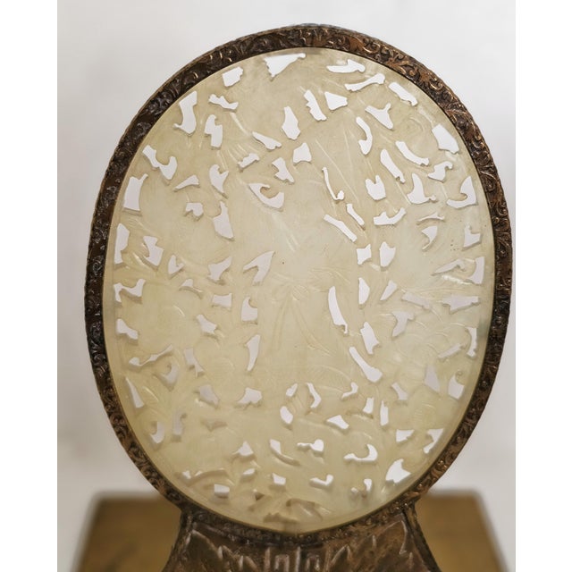 Antique Chinese Carved Jade Bookends With Brass Floral Bases — Scholar Motif Pair For Sale - Image 4 of 14