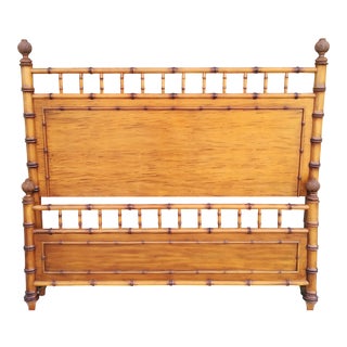 Vintage Queen Size Wood Faux Bamboo British Colonial Regency Bedframe Headboard Footboard For Sale