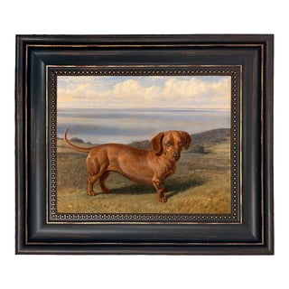 "Boy" the Dachshund by Friedrich Wilhem Framed Oil Painting Print on Canvas in Distressed Black Frame With Bead Accent For Sale