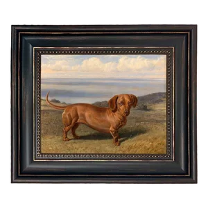 "Boy" the Dachshund by Friedrich Wilhem Framed Oil Painting Print on Canvas in Distressed Black Frame With Bead Accent