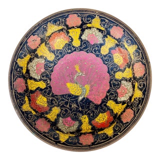 Vintage Etched Brass Enamel Peacock Motif Footed Bowl For Sale